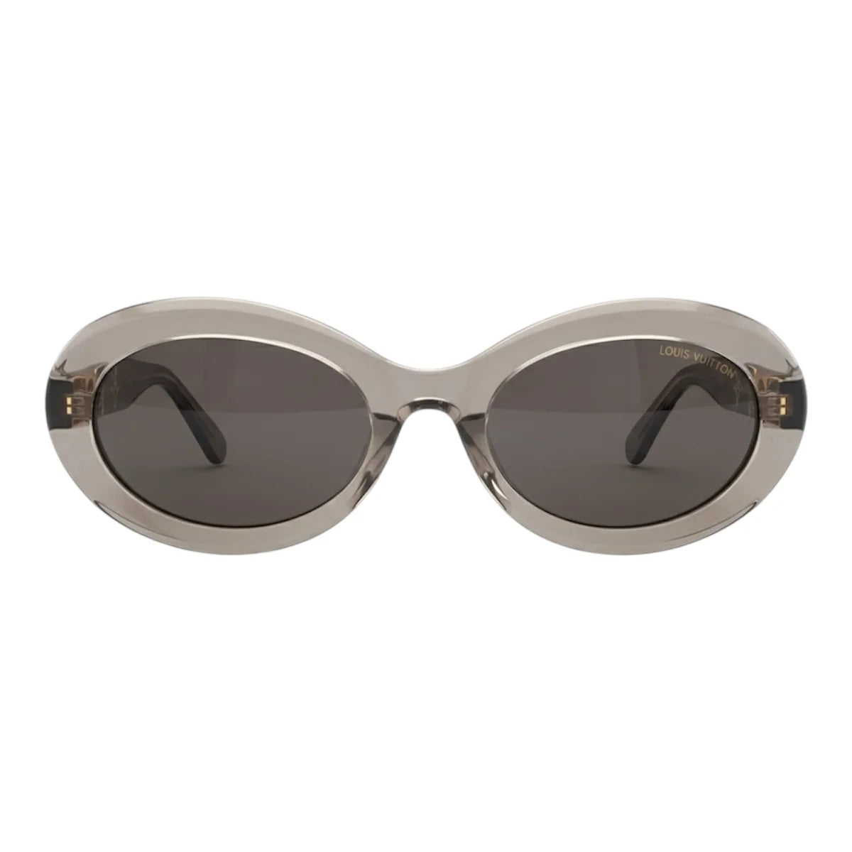 Sunglasses with oval frame and dark lenses on a white background