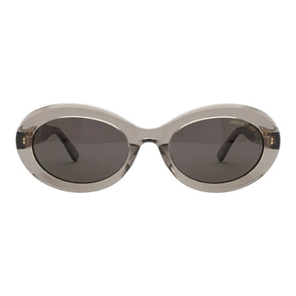 Sunglasses with oval frame and dark lenses on a white background