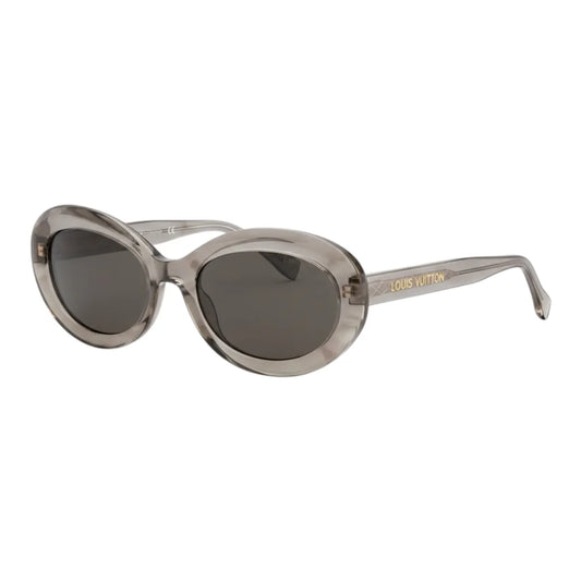 Sunglasses with a transparent frame and dark lenses on a white background