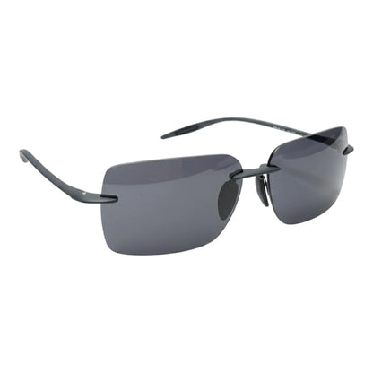 Sunglasses with dark lenses and thin metal frame on a white background