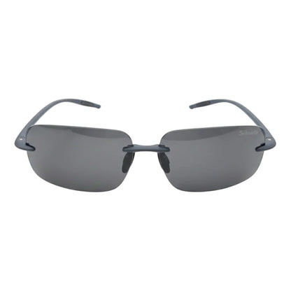 Sunglasses with gray lenses and dark gray frame on a white background