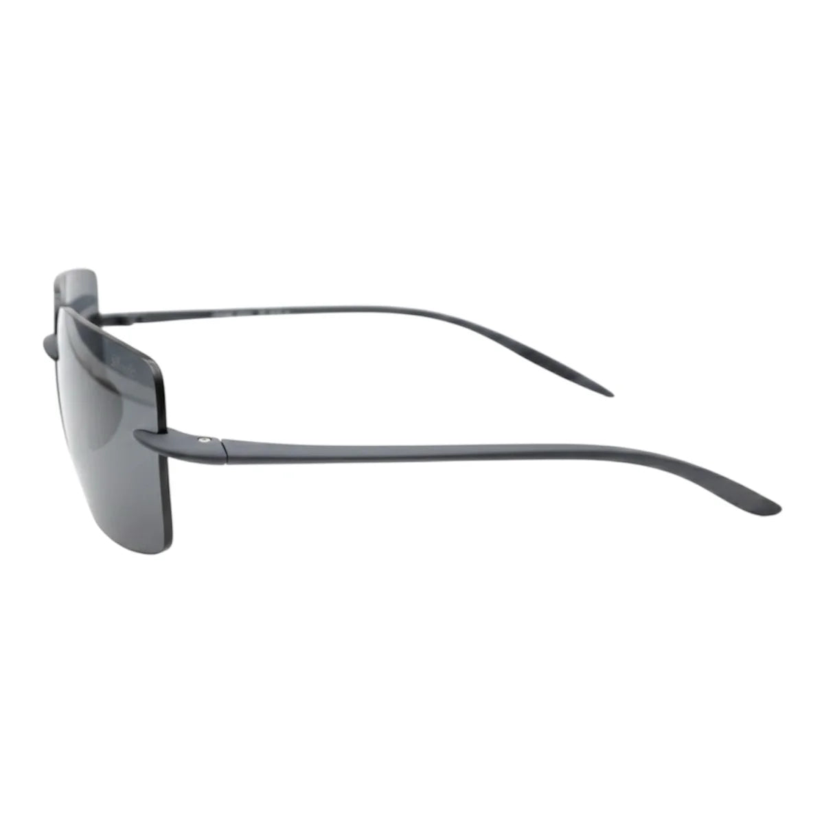 Sunglasses with dark lenses and thin metal frame on a white background