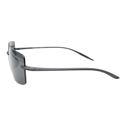 Sunglasses with dark lenses and thin metal frame on a white background