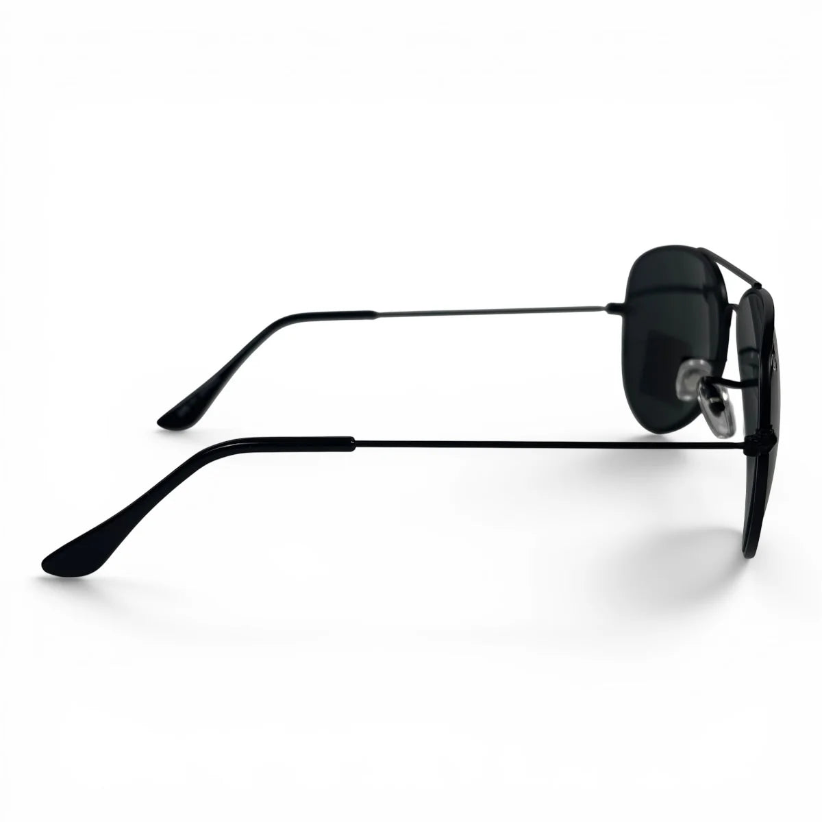 The Vela aviator sunglasses in black with dark gray lenses, side profile view