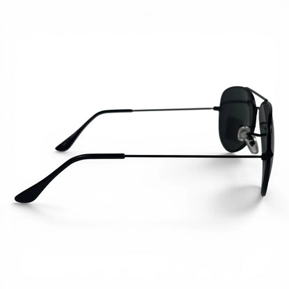 The Vela aviator sunglasses in black with dark gray lenses, side profile view