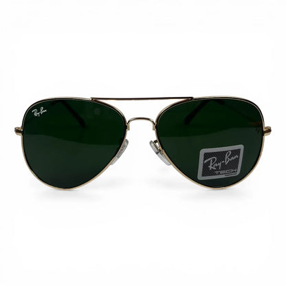 The Vela aviator sunglasses in gold with green lenses, straight front view