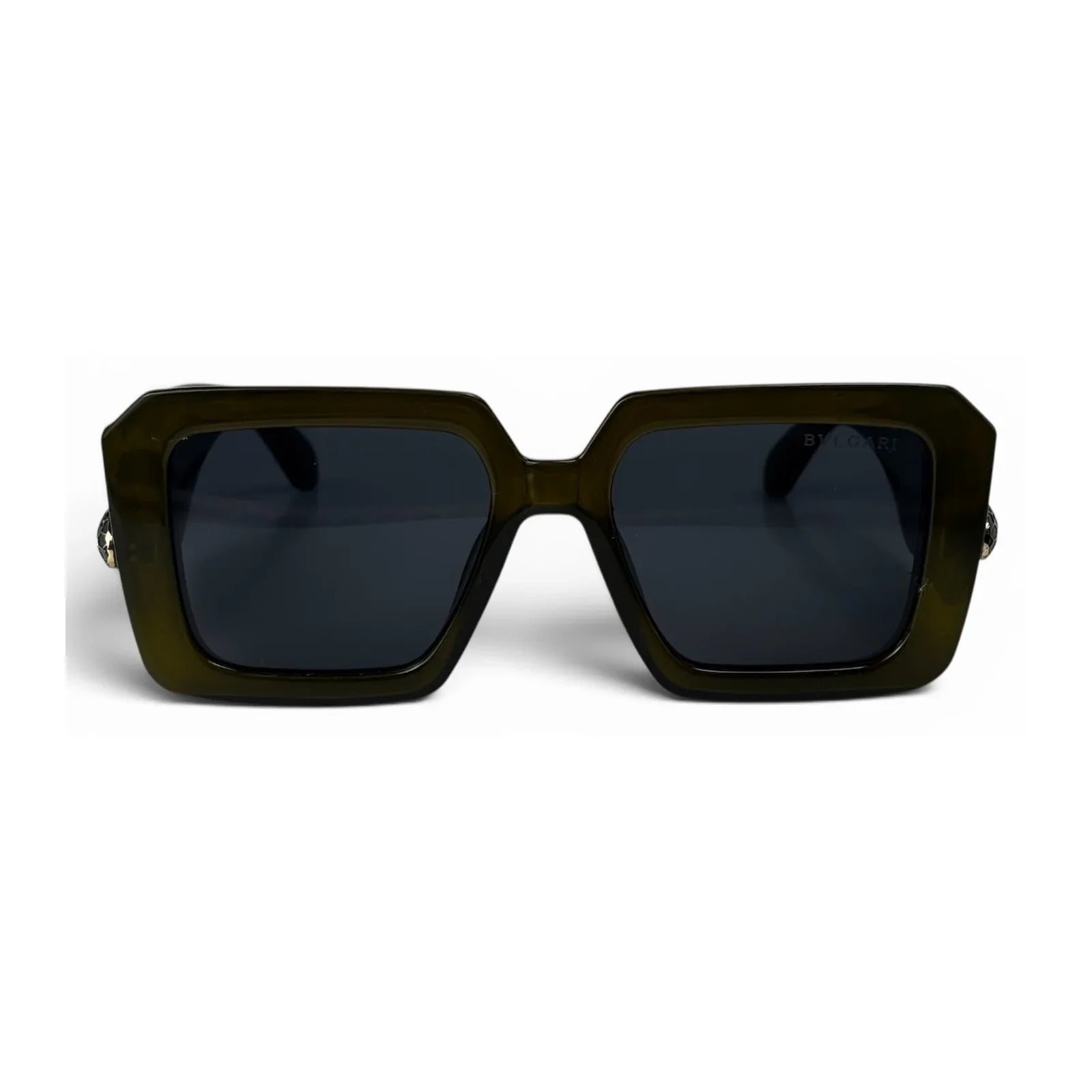 U&Eye The Vesper shield-square sunglasses with olive green frame and dark green-smoke lens, front view