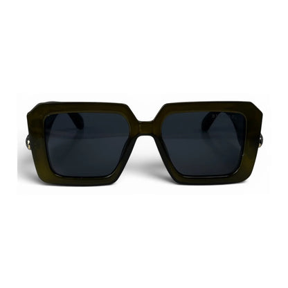 U&Eye The Vesper shield-square sunglasses with olive green frame and dark green-smoke lens, front view