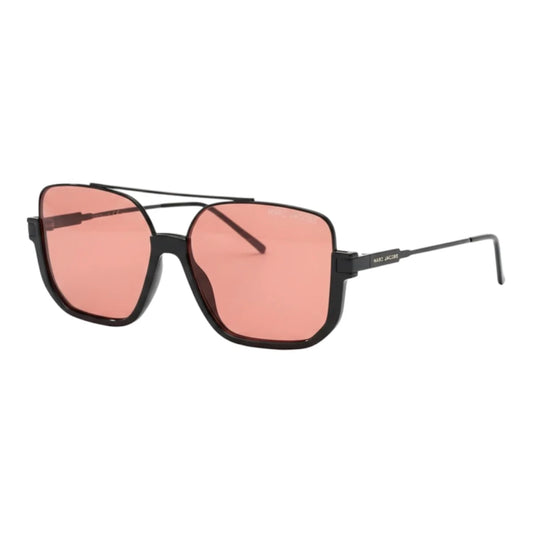 Sunglasses with pink lenses and black frames on a white background